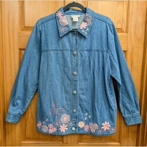 Toffee Apple Women's Medium Blue Denim Jacket Embroidered Applique Pockets Y2K